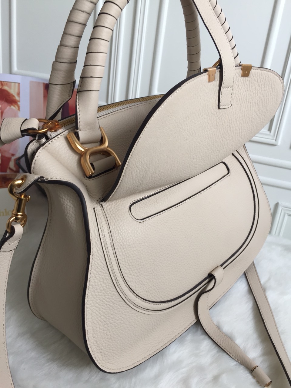 Chloe Large Marcie Bag In Vegetal Beige Grained Leather